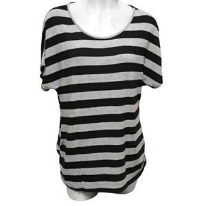 Candy Rain Womens Plus 2X Black Grey Striped Short Sleeve Scoop Neck Knit Top‎